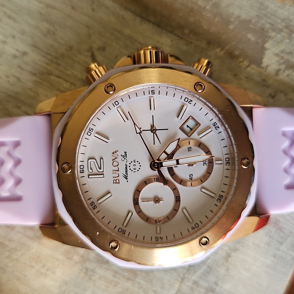 Bulova Ladies Marine Star 98M118 Chronograph Lavender Rose Gold Watch